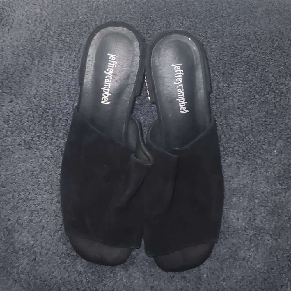 ‼️MAKE AN OFFER‼️EUC Jeffrey Campbell Black Suede Crystal Heel Slides Size 8.5
